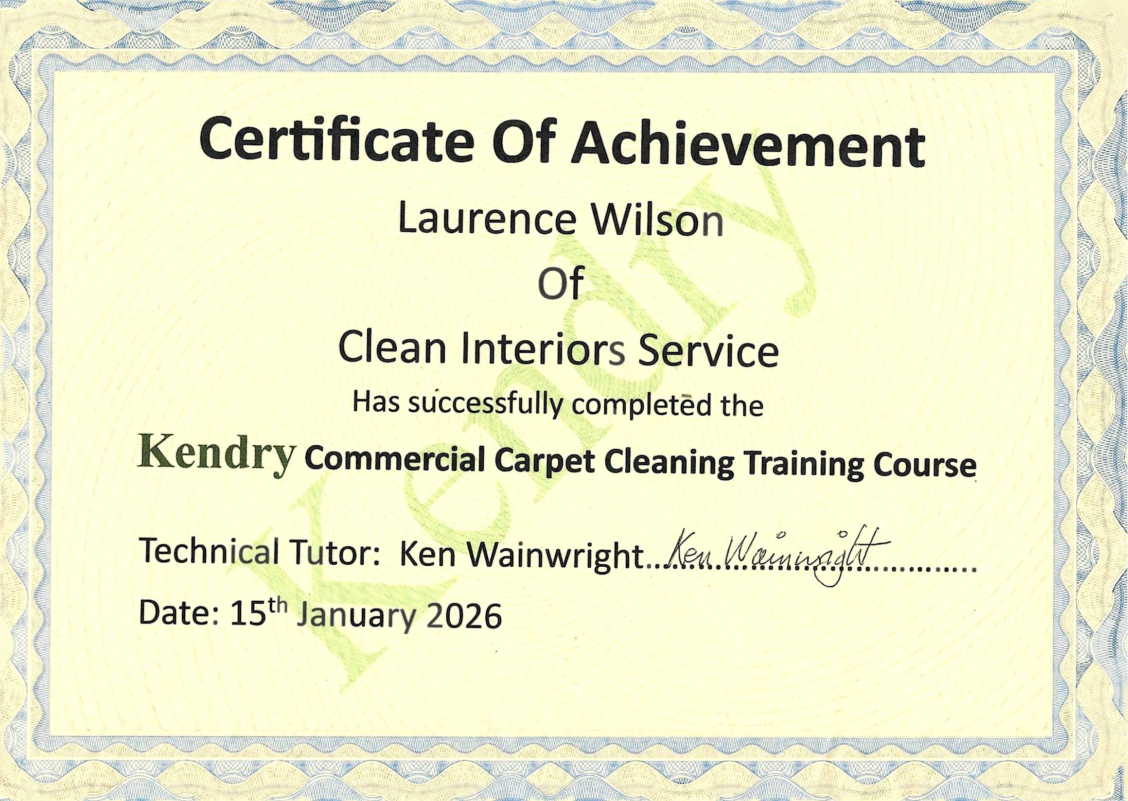 Kendry Commercial Carpet Cleaning Training Course, awarded to Laurence Wilson